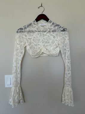 Beaufille Ivory Lace Twist-Front Cropped Top